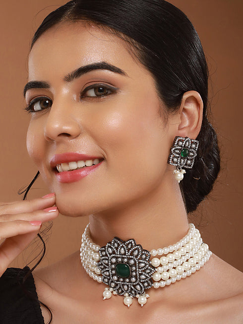 Silver Oxidised Victorian AD Studded Pearl Beaded Luxe Choker Jewellery Set