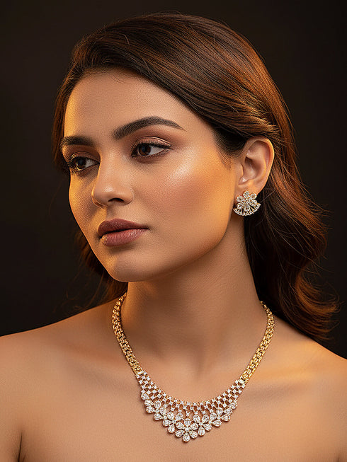 Gold Plated White AD Zircon Studded Long Haram Chain Jewellery Set