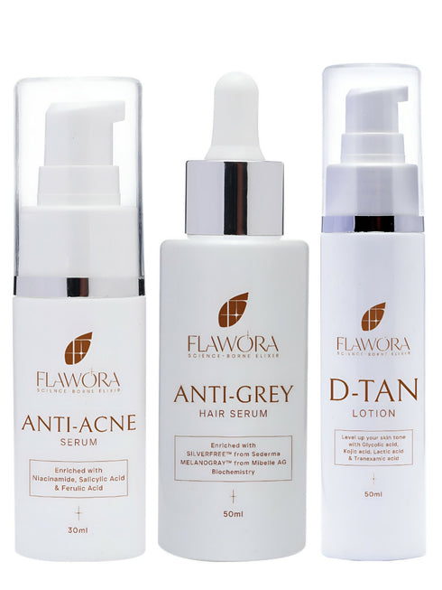 Flawora Anti-Grey Hair Serum|Anti Acne Serum and D-Tan Lotion Combo