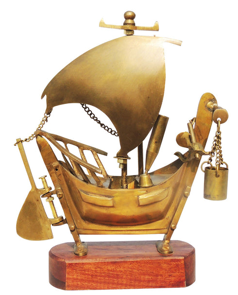 Brass Table Ship With Wooden Base 0.82kg