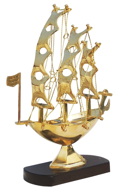 Brass Table Ship With Wooden Base 0.57kg