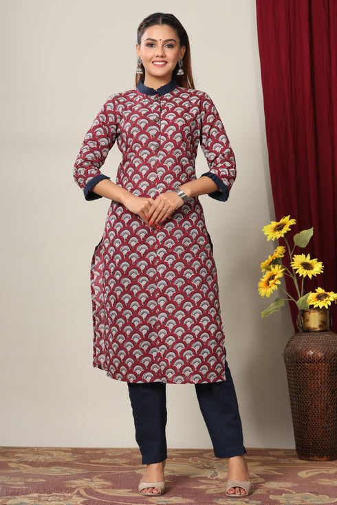 Miravan Womens Maroon and Navy Blue Printed Pure Cotton Kurti
