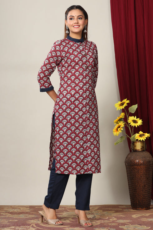 Miravan Womens Maroon and Navy Blue Printed Pure Cotton Kurti