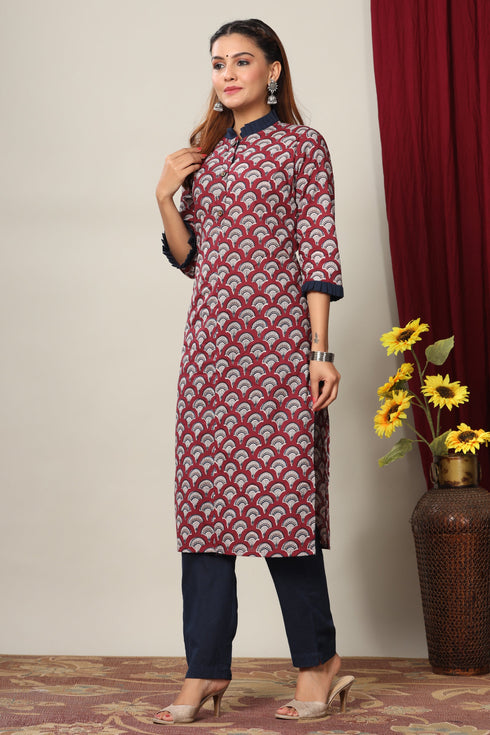 Miravan Womens Maroon and Navy Blue Printed Pure Cotton Kurti