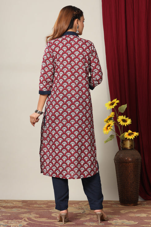 Miravan Womens Maroon and Navy Blue Printed Pure Cotton Kurti