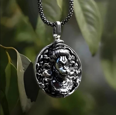 Malas Collection Bajrang Bali Hanuman Ji Pendant Oxidised Silver Chain