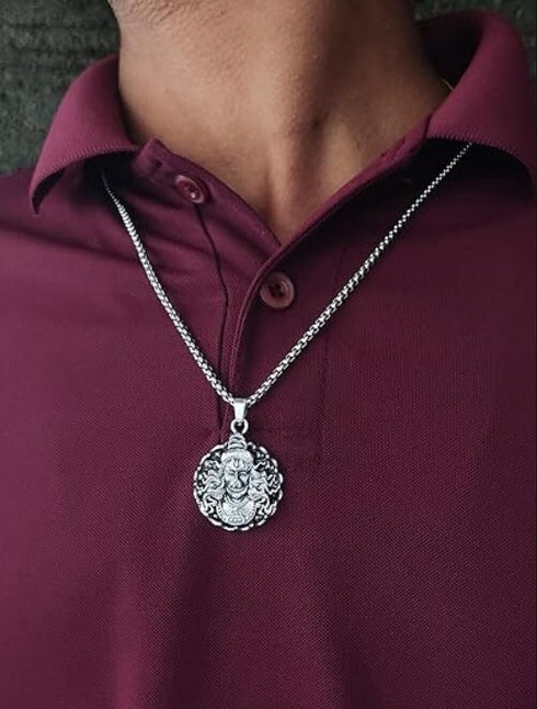 Malas Collection Bajrang Bali Hanuman Ji Pendant Oxidised Silver Chain