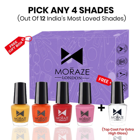 Moraze Cosmetics 4 Glamorous Glossy Nail Polish Kit FREE Top Coat for Extra Gloss