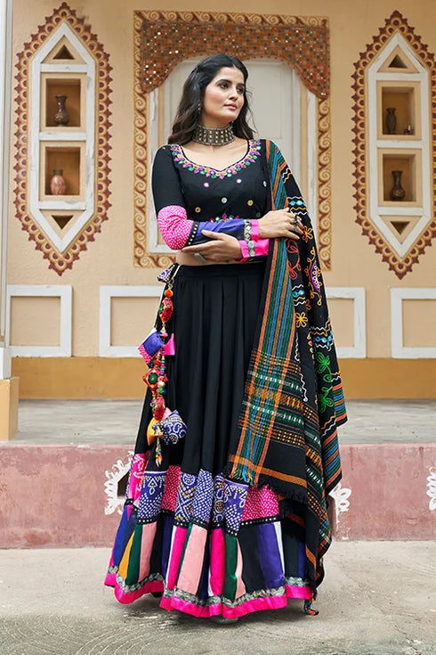 Shubhkala Most Beautiful Black Color Embroidery Mirror Work Chania Choli for Navratri