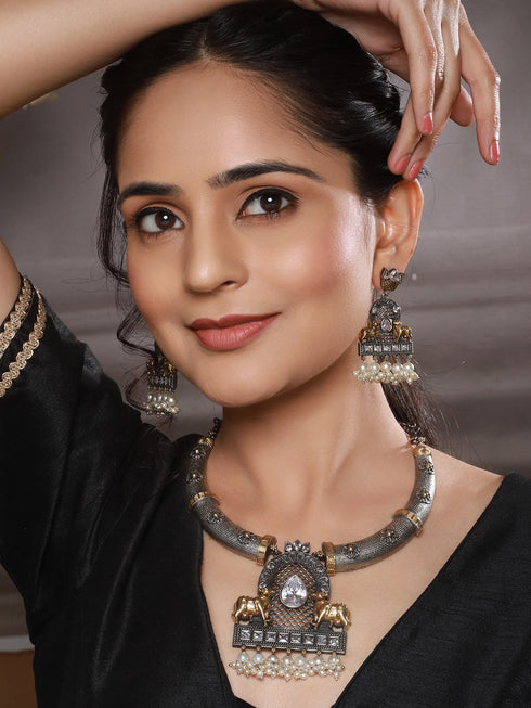 Dual Toned Oxidised Silver Lookalike Pearl Beaded Hasli Deer Motif Designer Jewellery Set