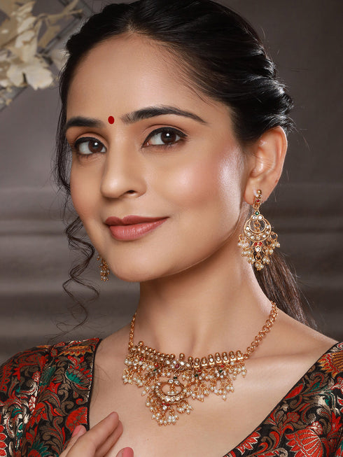 Gold Plated Kemp Stones Pearl beaded Chandbali Pendant Style Choker Jewellery Set