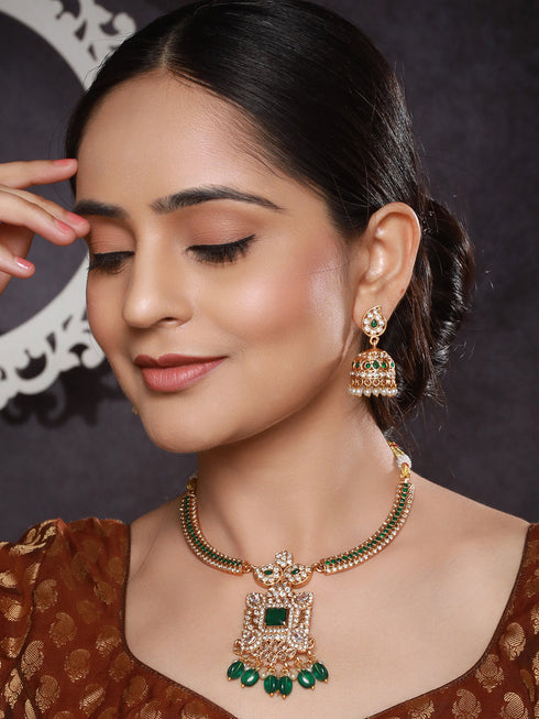 Gold Plated Green Zircon & Pearl Beaded Floral Pipe Pendant Jewellery Set With Jhumka