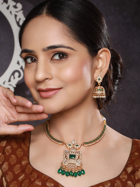 Gold Plated Green Zircon & Pearl Beaded Floral Pipe Pendant Jewellery Set With Jhumka