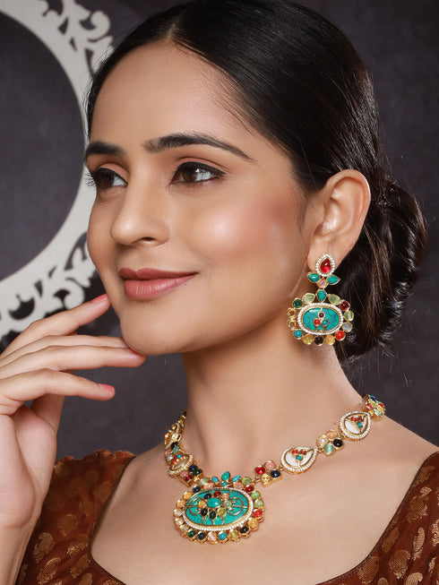 Gold plated Multicoloured Stones Studded Floral Double Layered Necklace Jewellery Set