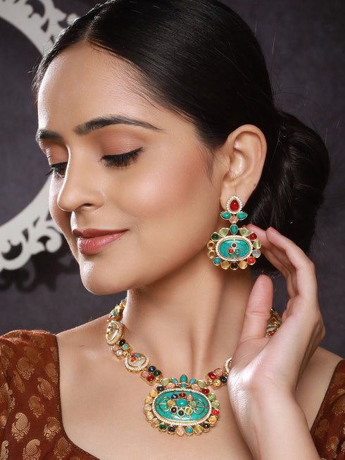 Gold plated Turquoise Blue Nav Ratan Kundan Floral Raanihaar Jewellery Set