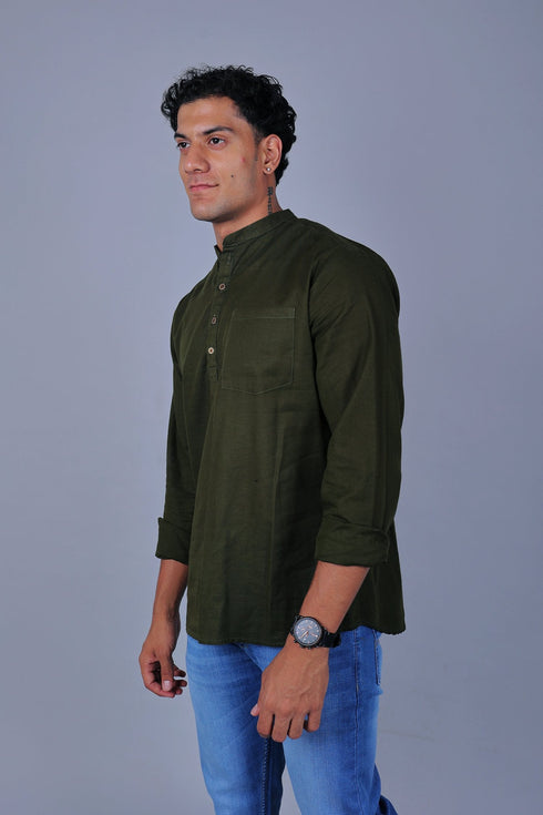 Veshbhoshaa Bluebird Men'S Short Kurta In Mehandi - 100% Pure Cotton