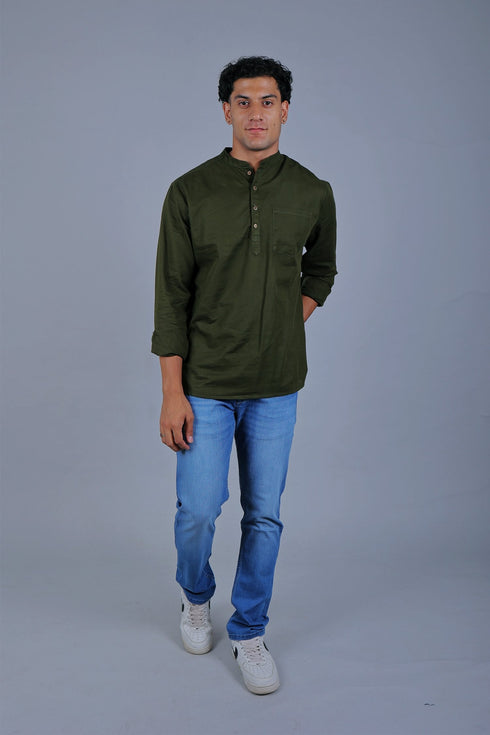 Veshbhoshaa Bluebird Men'S Short Kurta In Mehandi - 100% Pure Cotton
