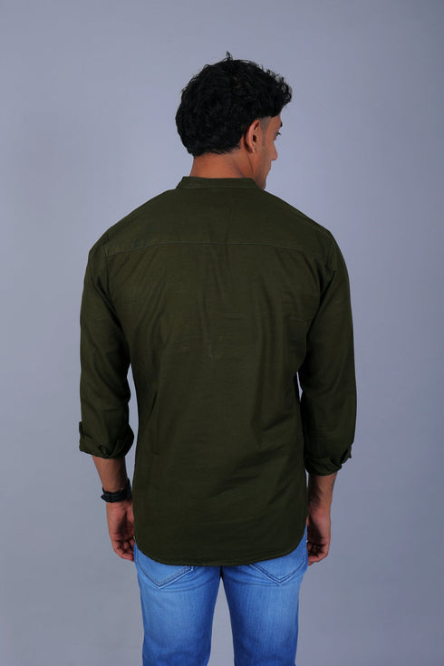 Veshbhoshaa Bluebird Men'S Short Kurta In Mehandi - 100% Pure Cotton
