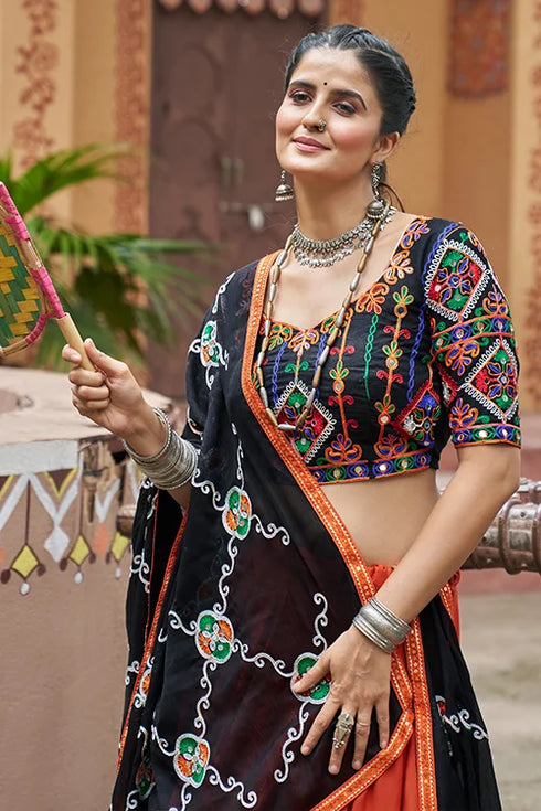 Shubhkala Orange Viscose Rayon Embroidered Work Navratri Chaniya Choli