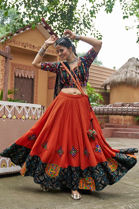 Shubhkala Orange Viscose Rayon Embroidered Work Navratri Chaniya Choli