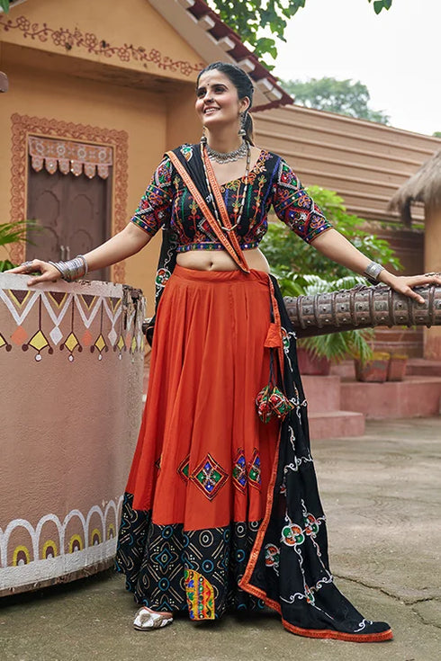 Shubhkala Orange Viscose Rayon Embroidered Work Navratri Chaniya Choli