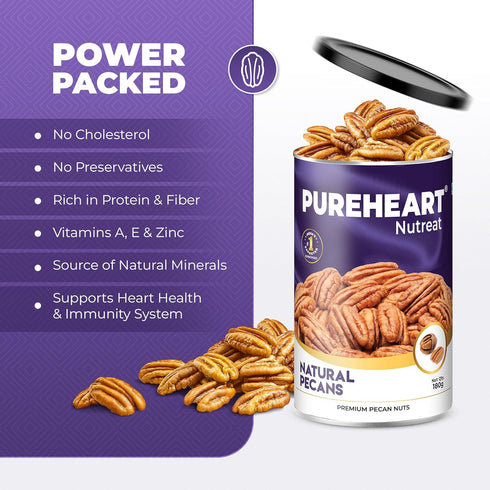 Pureheart Premium Pecan Nuts 180g | Premium Natural Pecans | Healthy Dry Fruits Snack | Rich in Protein | Fibre & Antioxidants | Ideal for Snacking & Baking