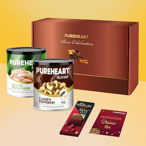 PUREHEART Premium Diwali Gift Hamper | Corporate Dry Fruits Gift Box with Pepper Cashews (333g) and Salted Pistachios (300g) | Bournville Chocolate, Diwali Greeting Card