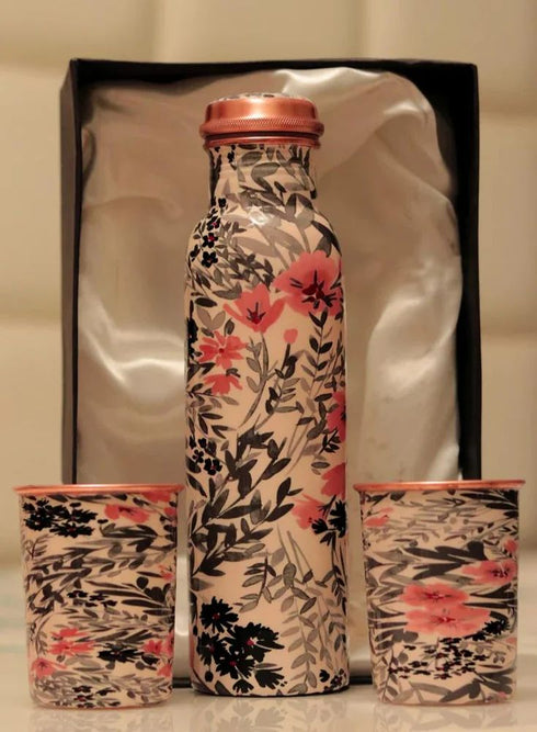 Coppjal Printed Copper Water Bottle With 2 Glass Set Design 6
