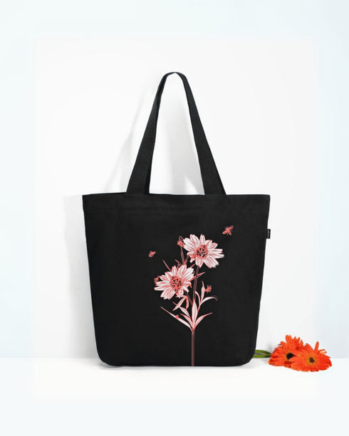 Ecoright Happy Flowers (Black) Large Zipper Tote Bag