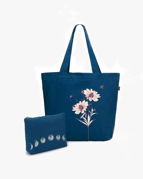 Ecoright Large Zipper Tote (Happy Flowers) & Cosmetic Pouch (Moonphasing)