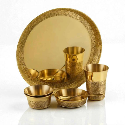 Pure Brass Dinner Set with Thali, 6 pcs