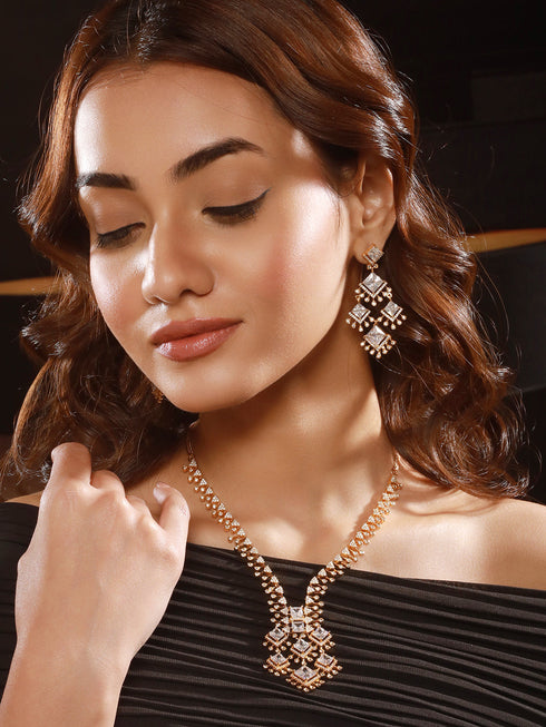 Gold Toned Cubic Zirconia Studded Designer Chandelier Statement Necklace Jewellery Set