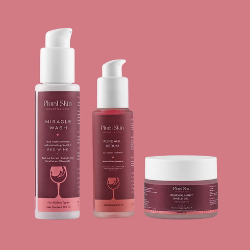 Plural Skin Red Wine Skincare Ritual Pack of Miracle Wash Pure Age Serum and Renewal Night Sheild Gel