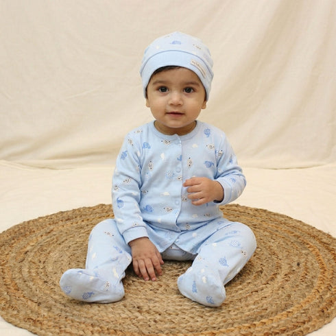 Bachpan kids wear New born Romper With Matching Hat-Pastel Blue