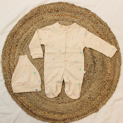 Bachpan kids wear New Born Romper with Matching Beanie - Light Cream