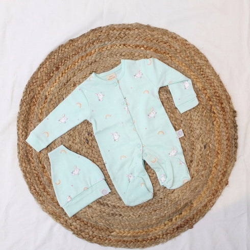 Bachpan kids wear New Born Mint Green Romper With Matching Beanie