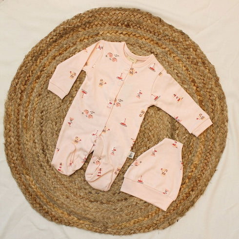 Bachpan kids wear New Born Rompers with Matching Beanie -Pale Pastel Pink