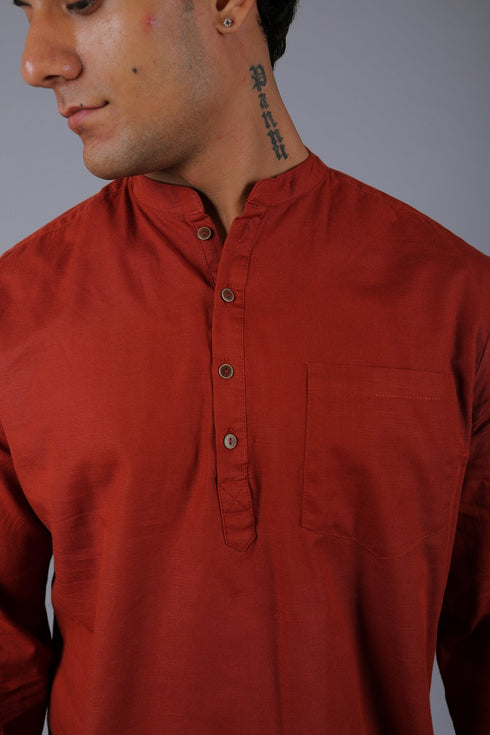Veshbhoshaa Bluebird Men'S Short Kurta In Red - 100% Pure Cotton