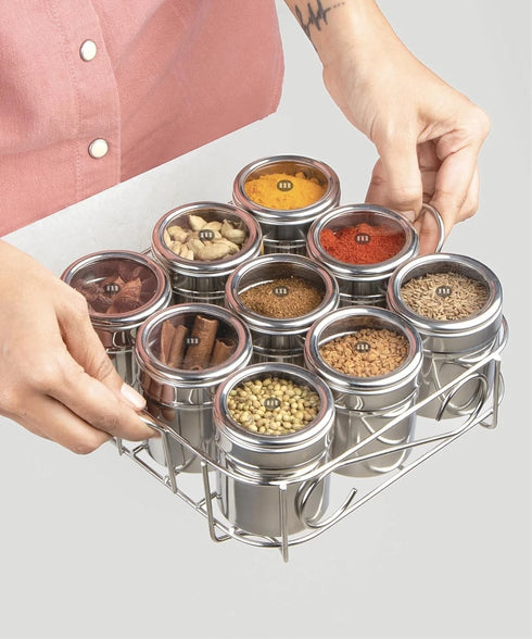 9-in-1 Steel Masala Box | Airtight Spice Containers with Lid | Multi-Purpose Kit