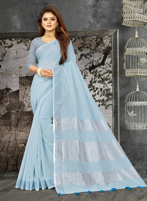 Deeva Sarees Sky Blue Linen Saree