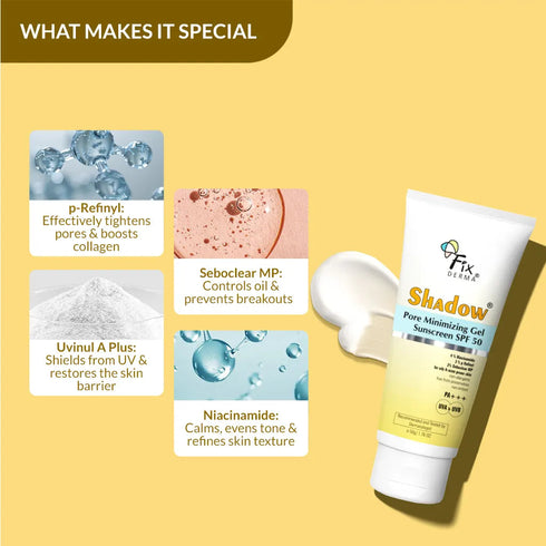 FixDerma Shadow Pore Minimizing Gel Sunscreen SPF 50 | Best Non-Greasy Gel Sunscreen for Oily Skin