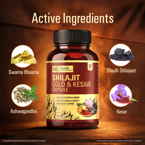 Multani Pharmaceuticals Limited Multani Essentials Shilajit Gold & Kesar Capsules Daily Energy Stamina Strength Vigour & Vitality Support With Ashwagandha Swarna Bhasma & Shudh Shilajit