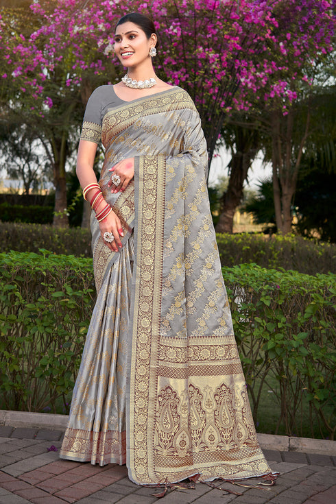 Deeva Sarees Pearl Gray Satan Silk