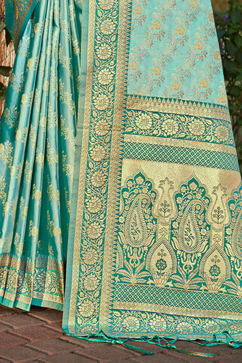 Deeva Sarees Cyan Blue Satan Silk Saree