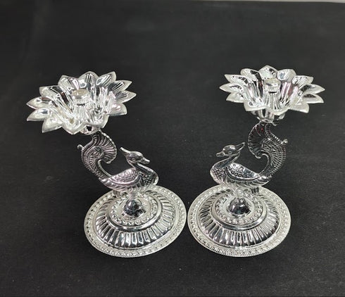 Pure Silver Peacock Diya pair 52gm - By Mahita Collections