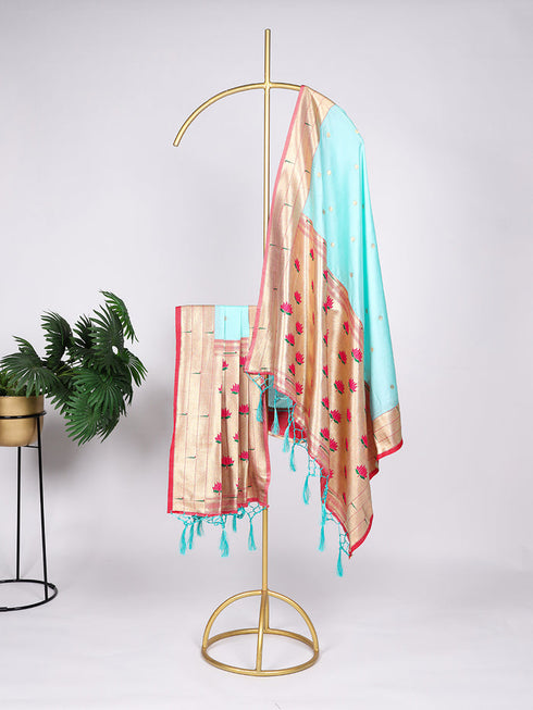 Sky Blue Color Weaving Zari Work With Tassels Jacquard Silk | Paithani | Dupatta