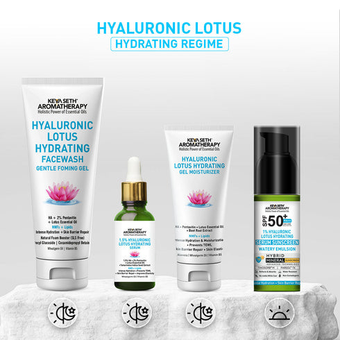 Keya Seth Aromatherapy 1% Hyaluronic Lotus Hydrating Serum Hybrid Mineral Sunscreen SPF 50 PA+++