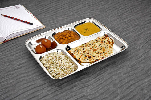 Vinod Stainless Steel 5 Compartment Plate with Square Edges Lunch and Dinner Plate Bhojan Thali High Quality Steel Rust Free Pack of 2