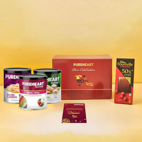 PUREHEART Premium Diwali Gift Hamper | Corporate Dry Fruits Gift Box with Salted Cashews (333g)| Sierra Trail (454g)| Salted Pistachios (300g)|Chocolate|Diwali Greeting Card