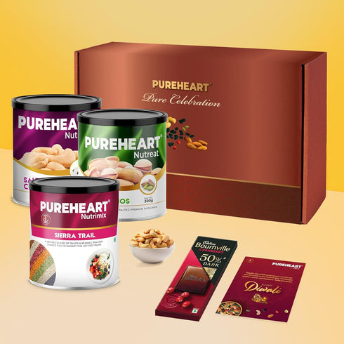 PUREHEART Premium Diwali Gift Hamper | Corporate Dry Fruits Gift Box with Salted Cashews (333g)| Sierra Trail (454g)| Salted Pistachios (300g)|Chocolate|Diwali Greeting Card